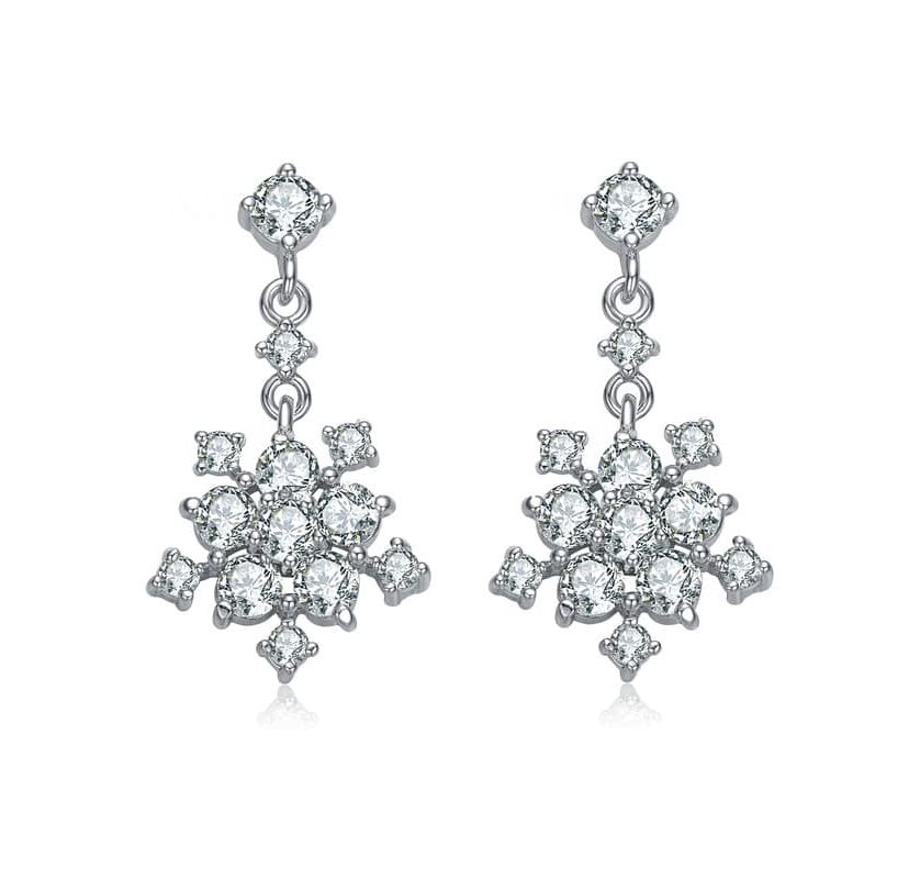 Lab Created Sterling Silver White Gold Plated with Clear Round Cubic Zirconia Cluster Flower Style Drop Earrings