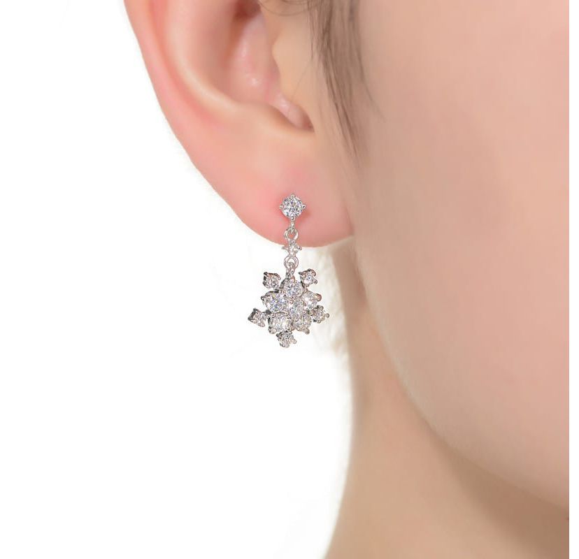 Lab Created Sterling Silver White Gold Plated with Clear Round Cubic Zirconia Cluster Flower Style Drop Earrings
