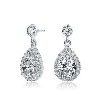 Rozzato Lab Created Sterling Silver White Gold Plated with Clear Pear and Round Cubic Zirconia Halo Teardrop Earrings