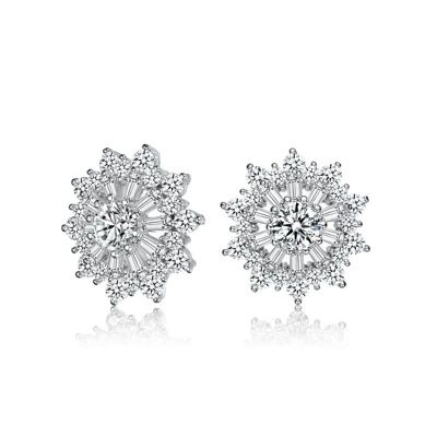 Rozzato Lab Created Sterling Silver White Gold Plated with Clear Round and Baguette Cubic Zirconia Wreath Stud Earrings