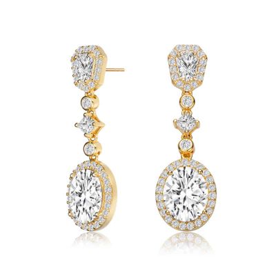 Rozzato Lab Created Sterling Silver 14K Gold Plated with Clear Oval Cubic Zirconia Accent Long Drop Earrings