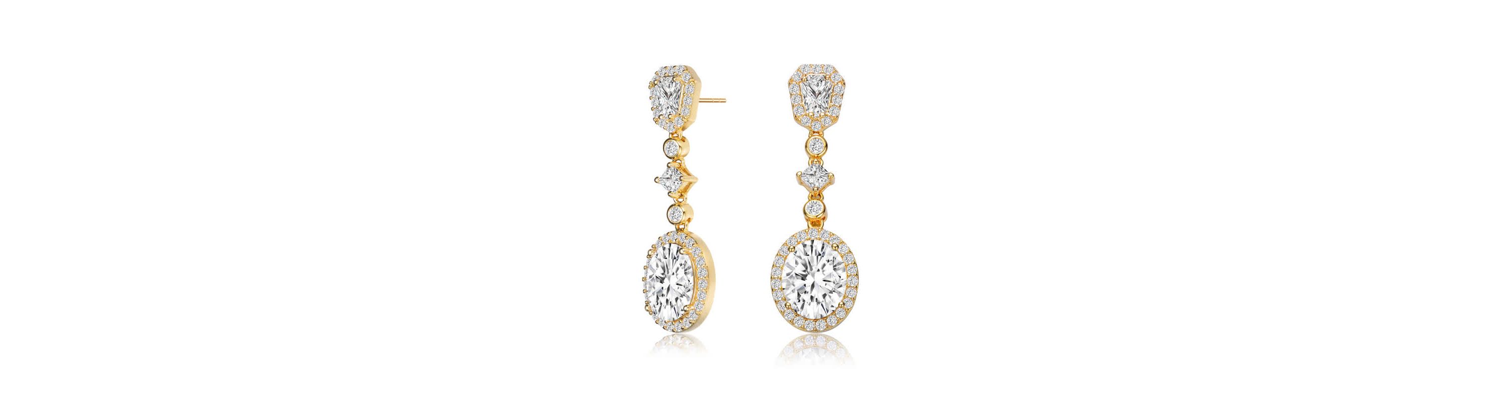 Lab Created Sterling Silver 14K Gold Plated with Clear Oval Cubic Zirconia Accent Long Drop Earrings