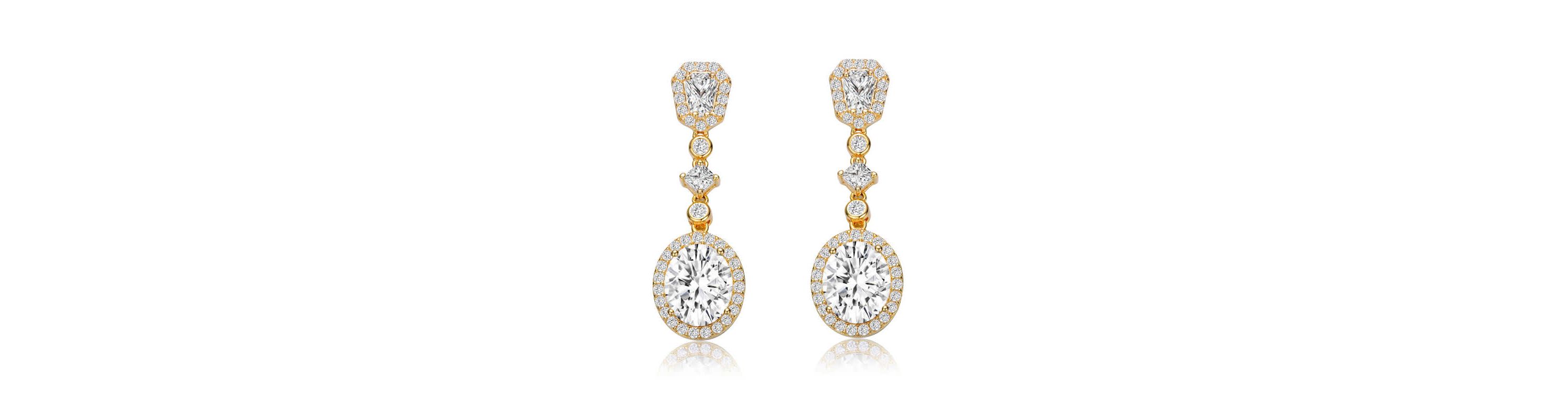 Lab Created Sterling Silver 14K Gold Plated with Clear Oval Cubic Zirconia Accent Long Drop Earrings