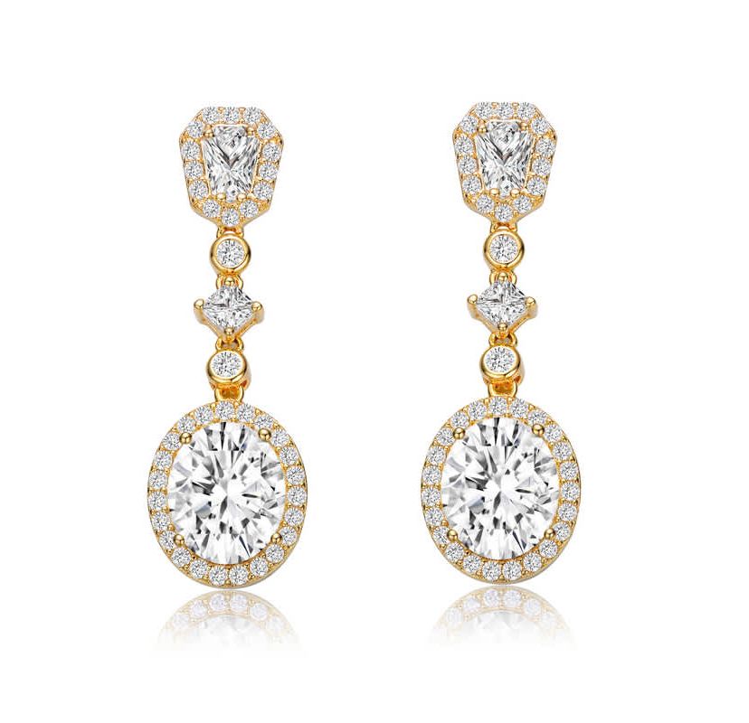 Lab Created Sterling Silver 14K Gold Plated with Clear Oval Cubic Zirconia Accent Long Drop Earrings