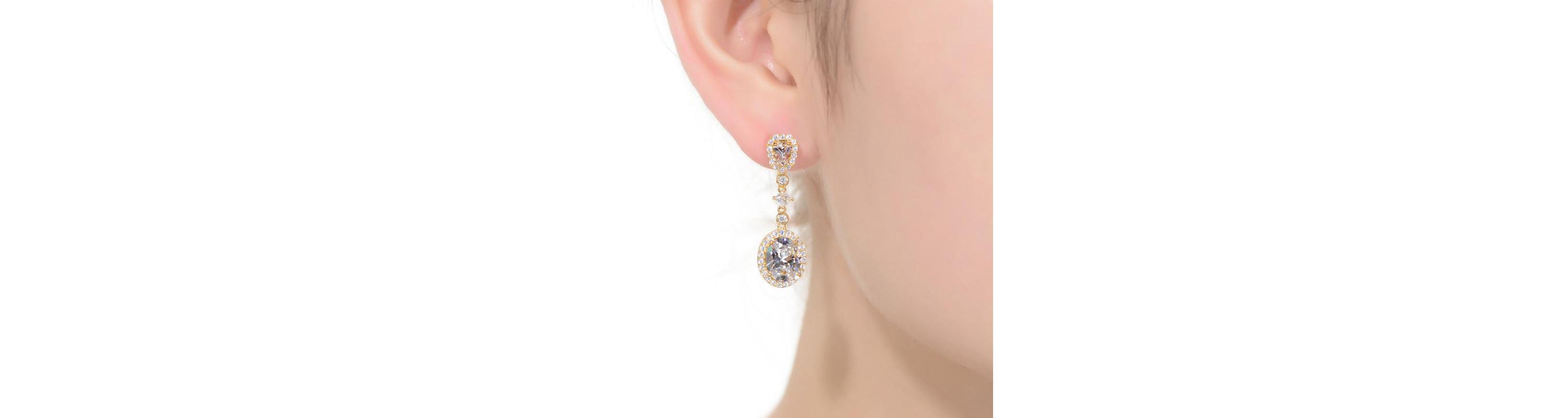 Lab Created Sterling Silver 14K Gold Plated with Clear Oval Cubic Zirconia Accent Long Drop Earrings