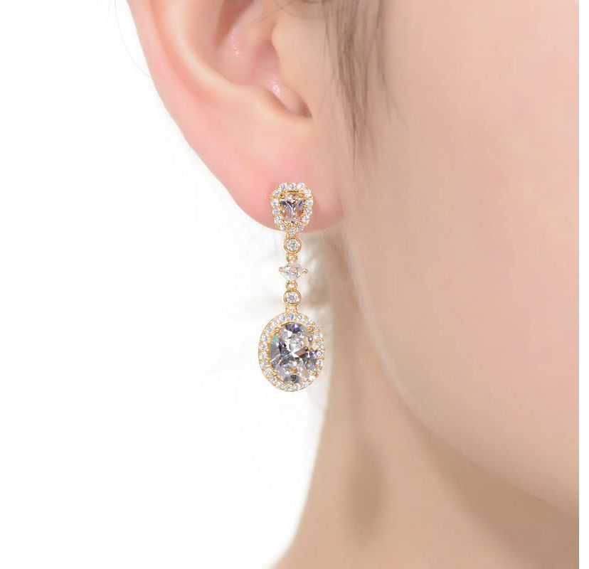 Lab Created Sterling Silver 14K Gold Plated with Clear Oval Cubic Zirconia Accent Long Drop Earrings