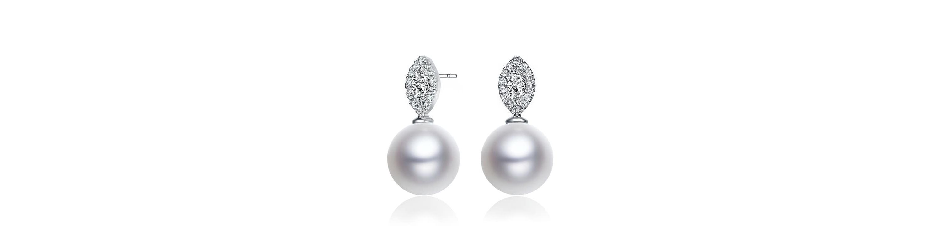 Lab Created Sterling Silver with Rhodium Plated White Round Genuine Freshwater Pearl with Clear Marquise Cubic Zirconia Drop Earrings