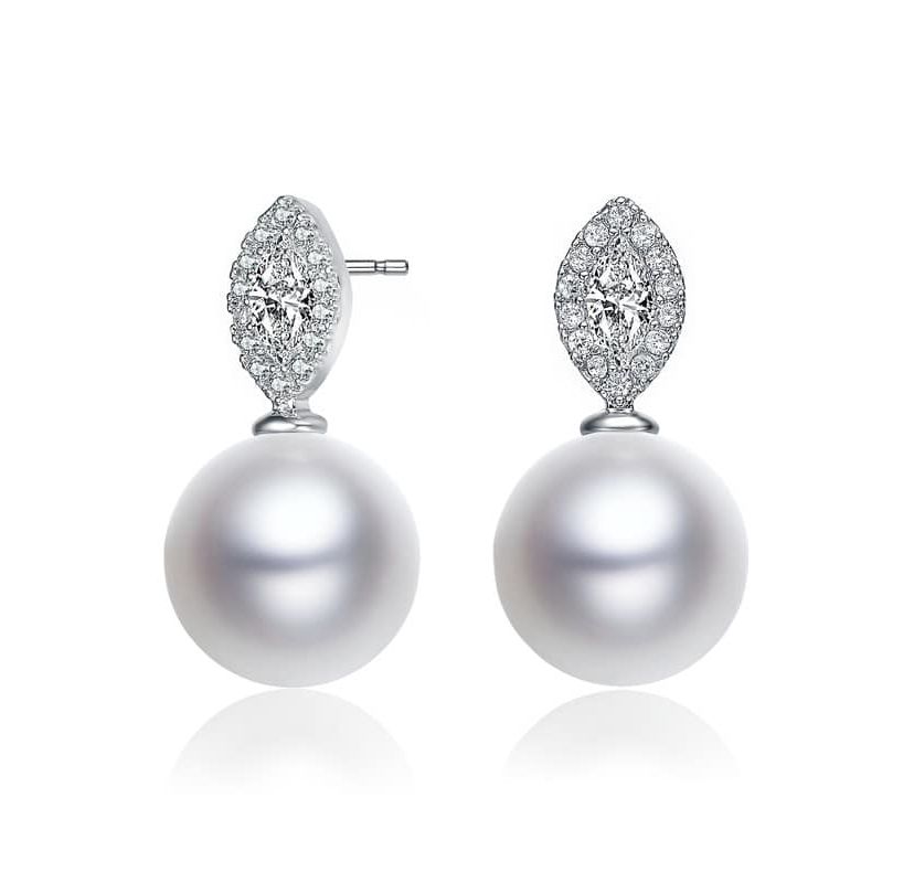 Lab Created Sterling Silver with Rhodium Plated White Round Genuine Freshwater Pearl with Clear Marquise Cubic Zirconia Drop Earrings