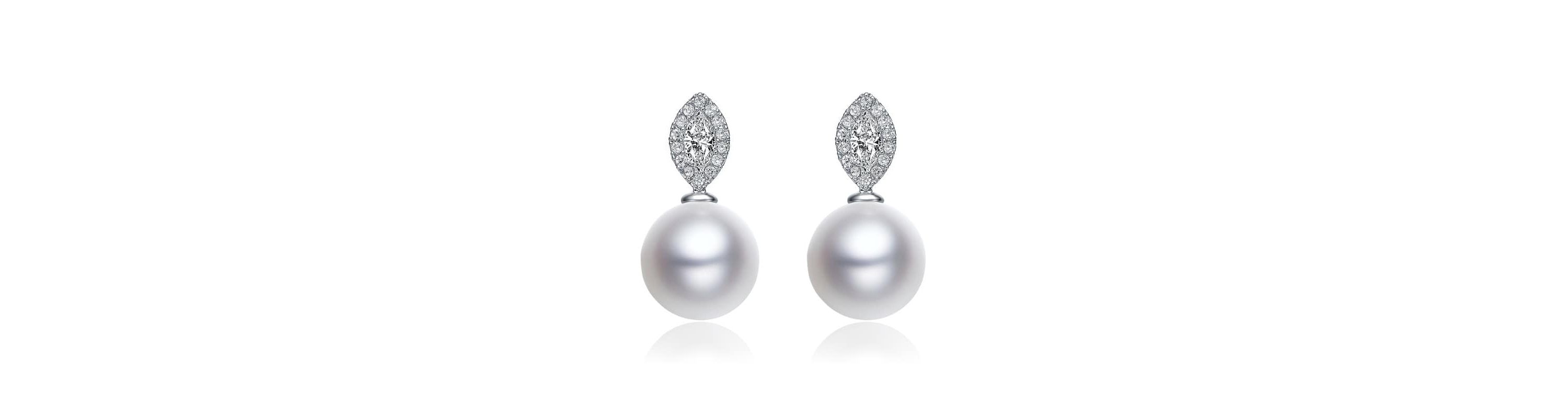 Lab Created Sterling Silver with Rhodium Plated White Round Genuine Freshwater Pearl with Clear Marquise Cubic Zirconia Drop Earrings