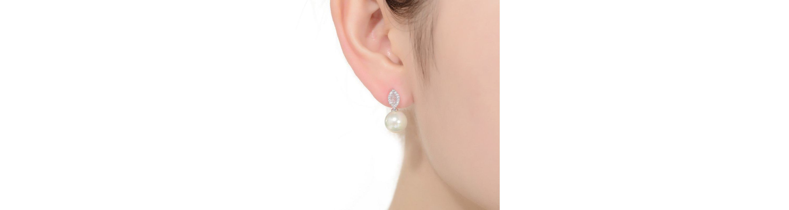 Lab Created Sterling Silver with Rhodium Plated White Round Genuine Freshwater Pearl with Clear Marquise Cubic Zirconia Drop Earrings