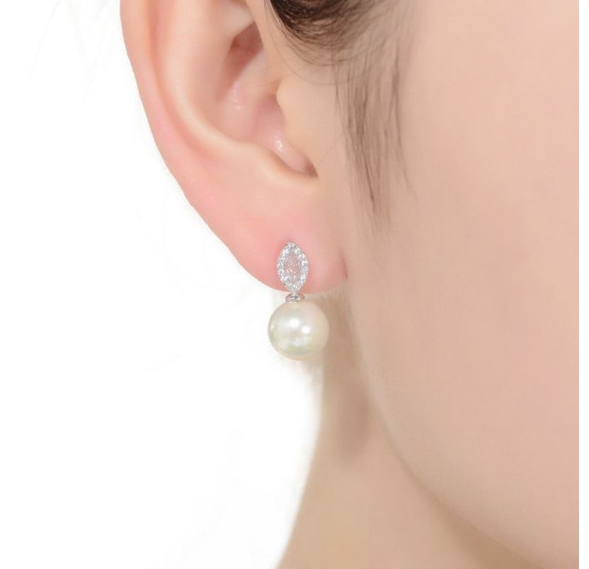 Lab Created Sterling Silver with Rhodium Plated White Round Genuine Freshwater Pearl with Clear Marquise Cubic Zirconia Drop Earrings