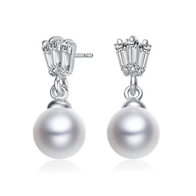 Rozzato Lab Created Sterling Silver White Gold Plated White Round Pearl & Clear Baguette Cubic Zirconia Drop Earrings