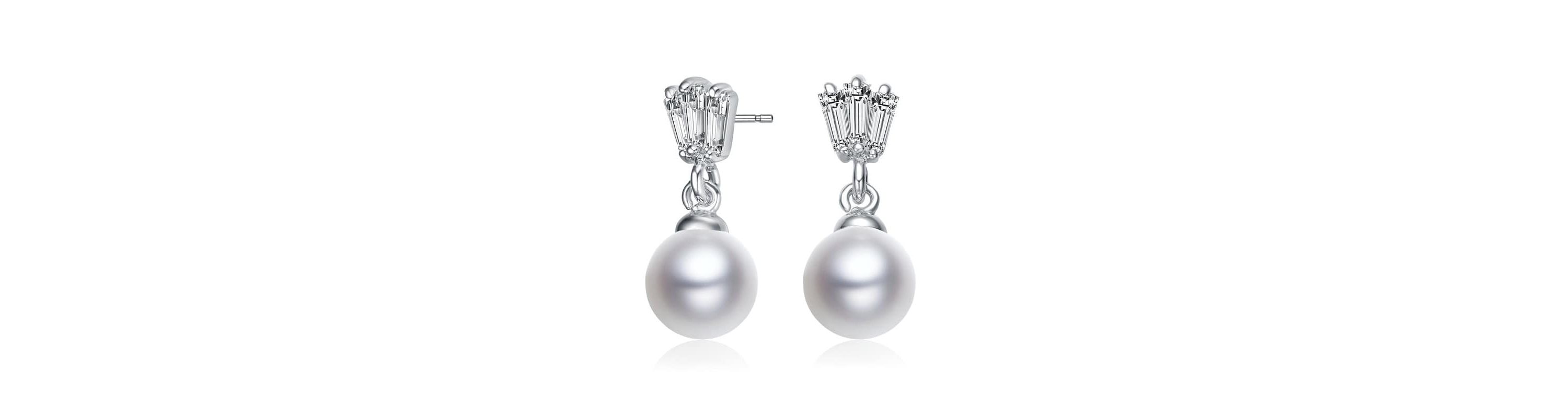 Lab Created Sterling Silver White Gold Plated White Round Pearl & Clear Baguette Cubic Zirconia Drop Earrings