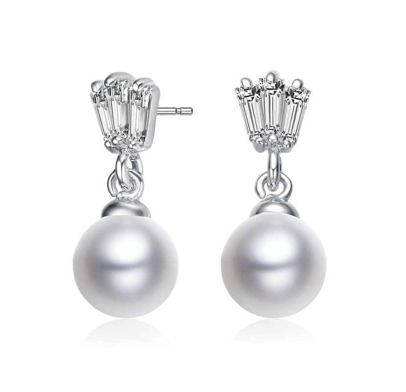 Lab Created Sterling Silver White Gold Plated White Round Pearl & Clear Baguette Cubic Zirconia Drop Earrings