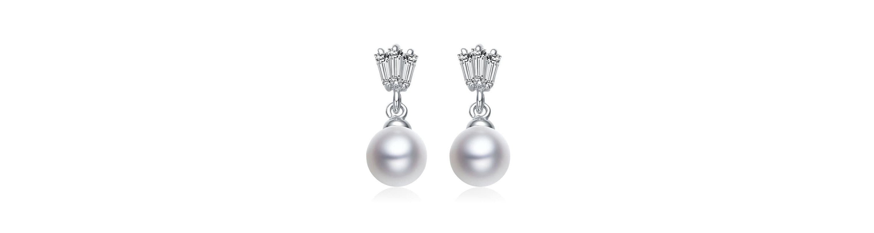 Lab Created Sterling Silver White Gold Plated White Round Pearl & Clear Baguette Cubic Zirconia Drop Earrings