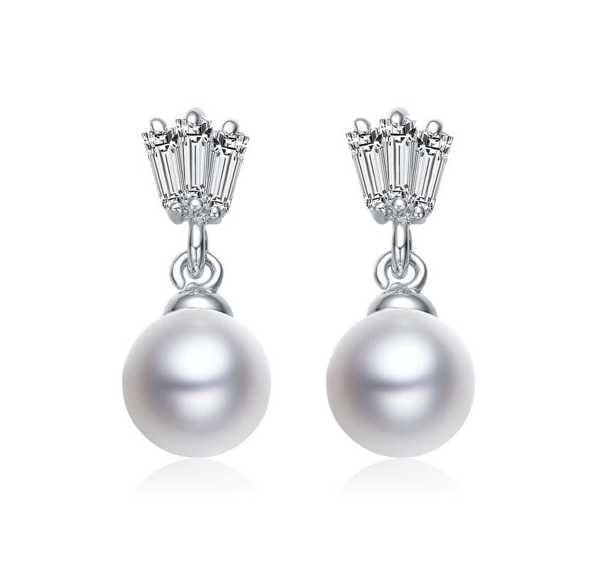 Lab Created Sterling Silver White Gold Plated White Round Pearl & Clear Baguette Cubic Zirconia Drop Earrings