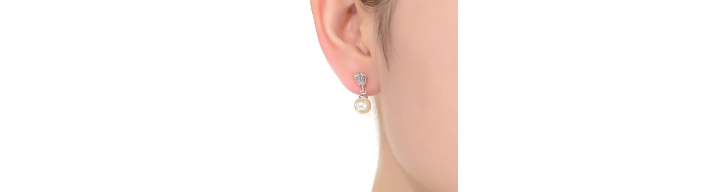 Lab Created Sterling Silver White Gold Plated White Round Pearl & Clear Baguette Cubic Zirconia Drop Earrings