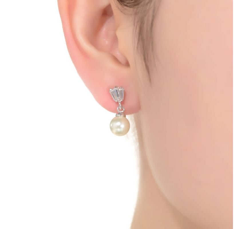 Lab Created Sterling Silver White Gold Plated White Round Pearl & Clear Baguette Cubic Zirconia Drop Earrings