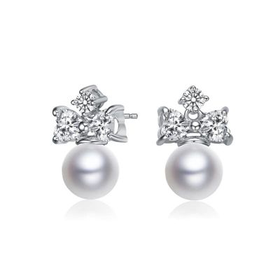 Rozzato Lab Created Sterling Silver White Gold Plated with White Round Freshwater Pearl & Clear Cubic Zirconia Earrings