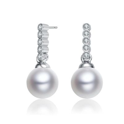 Rozzato Lab Created Sterling Silver White Gold Plated with White Round Pearl & Clear Round Cubic Zirconia Drop Earrings