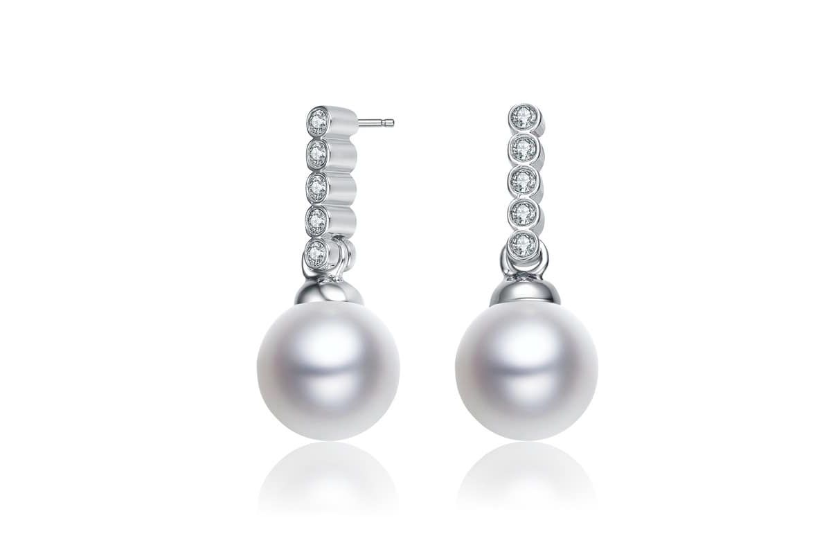 Lab Created Sterling Silver White Gold Plated with White Round Pearl & Clear Round Cubic Zirconia Drop Earrings