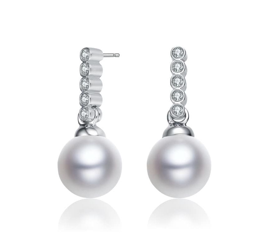 Lab Created Sterling Silver White Gold Plated with White Round Pearl & Clear Round Cubic Zirconia Drop Earrings