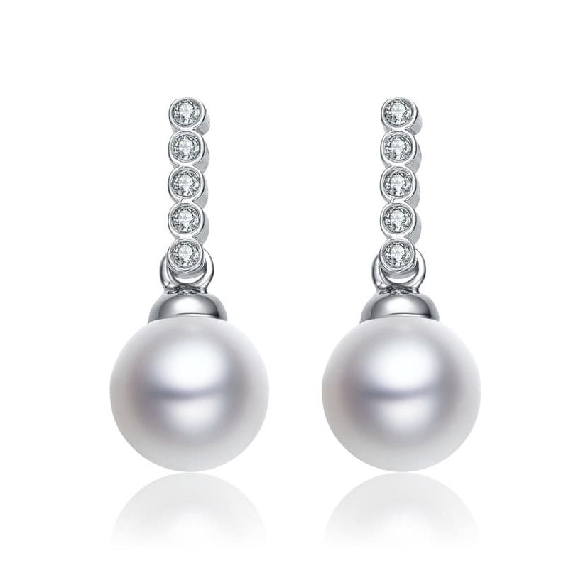 Lab Created Sterling Silver White Gold Plated with White Round Pearl & Clear Round Cubic Zirconia Drop Earrings