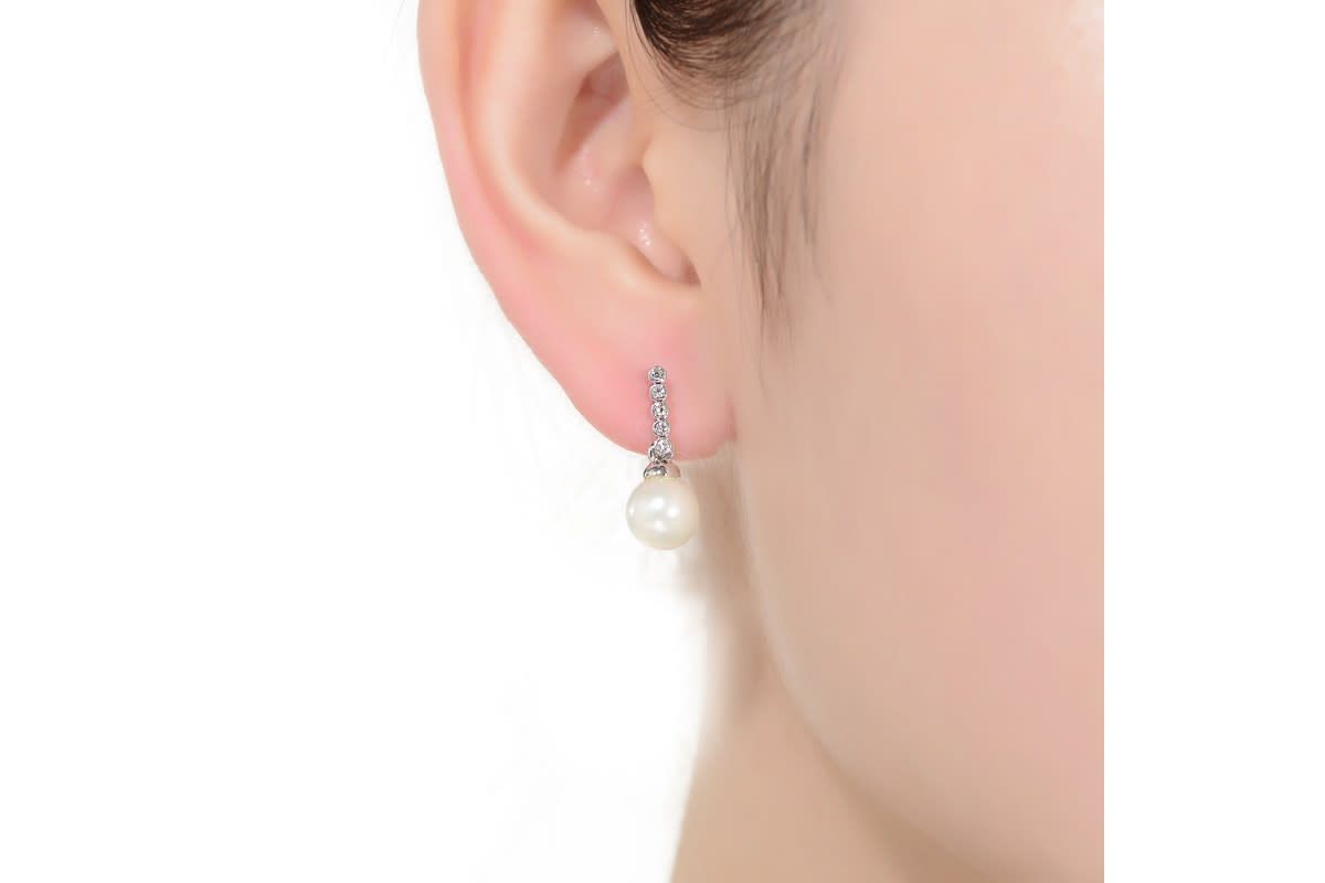 Lab Created Sterling Silver White Gold Plated with White Round Pearl & Clear Round Cubic Zirconia Drop Earrings