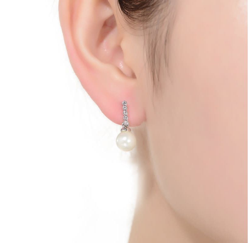 Lab Created Sterling Silver White Gold Plated with White Round Pearl & Clear Round Cubic Zirconia Drop Earrings