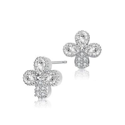 Rozzato Lab Created Sterling Silver White Gold Plated with Clear Pear and Round Cubic Zirconia Clover Earrings