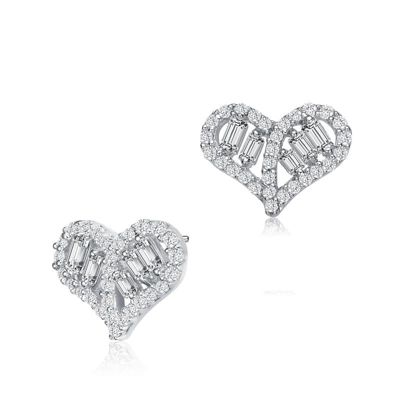 Rozzato Lab Created Sterling Silver White Gold Plated with Clear Baguette and Round Cubic Zirconia Heart Stud Earrings