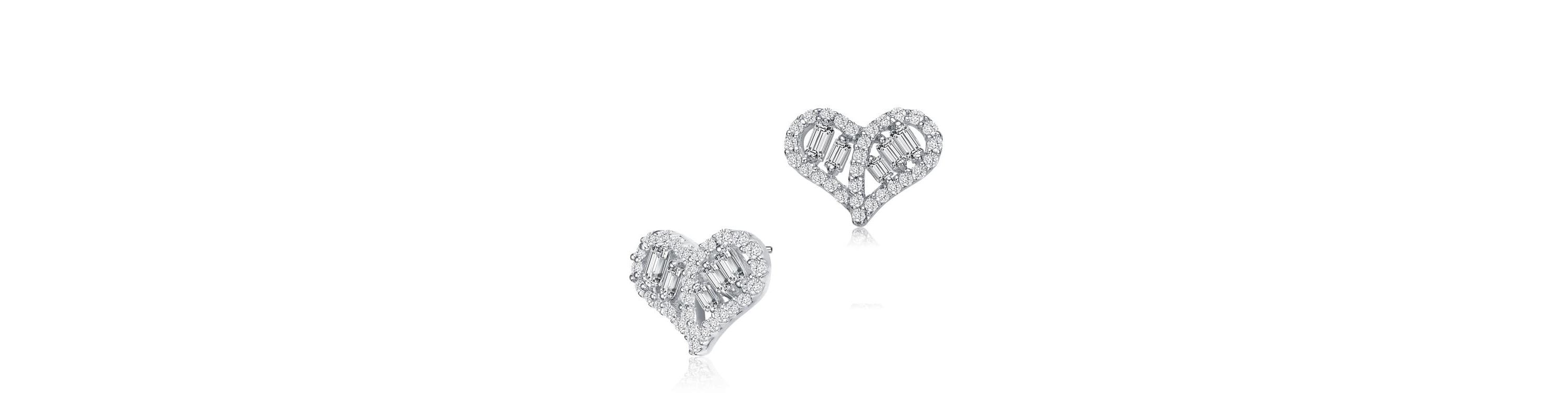 Lab Created Sterling Silver White Gold Plated with Clear Baguette and Round Cubic Zirconia Heart Stud Earrings