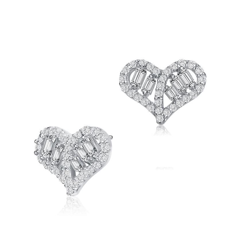 Lab Created Sterling Silver White Gold Plated with Clear Baguette and Round Cubic Zirconia Heart Stud Earrings