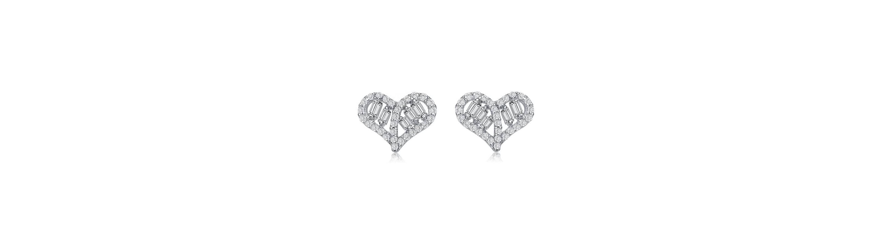 Lab Created Sterling Silver White Gold Plated with Clear Baguette and Round Cubic Zirconia Heart Stud Earrings