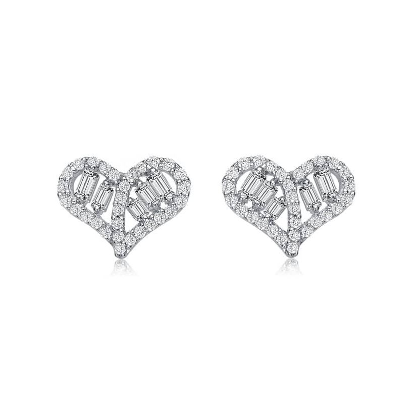 Lab Created Sterling Silver White Gold Plated with Clear Baguette and Round Cubic Zirconia Heart Stud Earrings