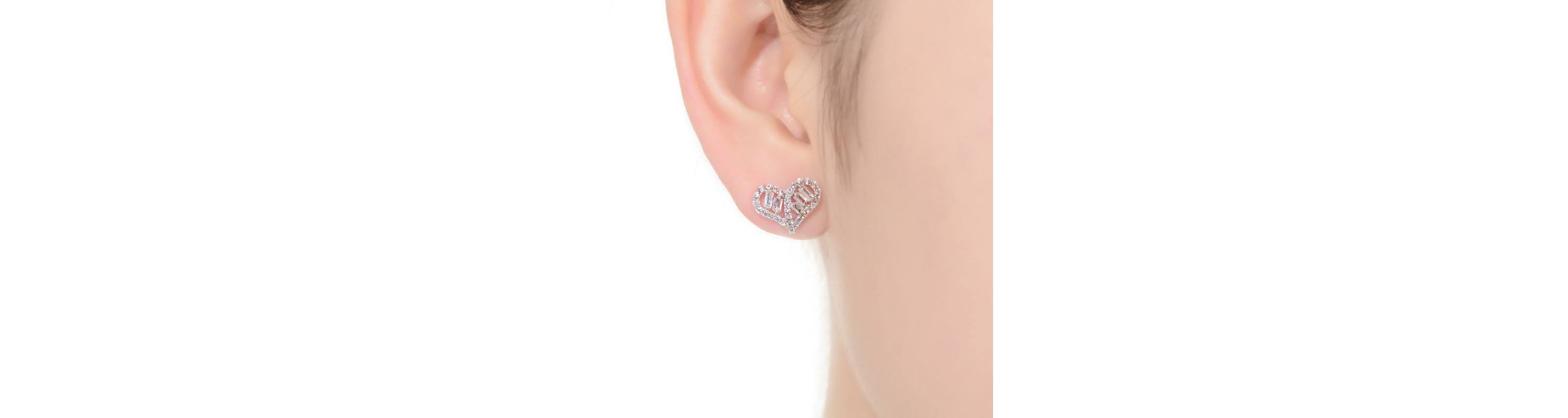 Lab Created Sterling Silver White Gold Plated with Clear Baguette and Round Cubic Zirconia Heart Stud Earrings