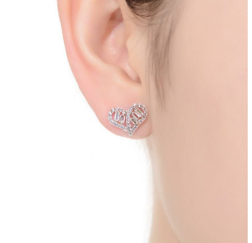 Lab Created Sterling Silver White Gold Plated with Clear Baguette and Round Cubic Zirconia Heart Stud Earrings