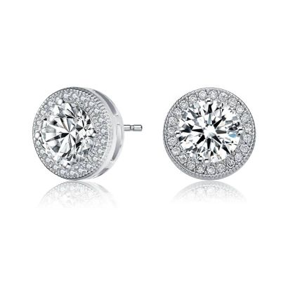 Rozzato Lab Created Sterling Silver White Gold Plated with Clear Round Cubic Zirconia Solitaire Halo Stud Earrings