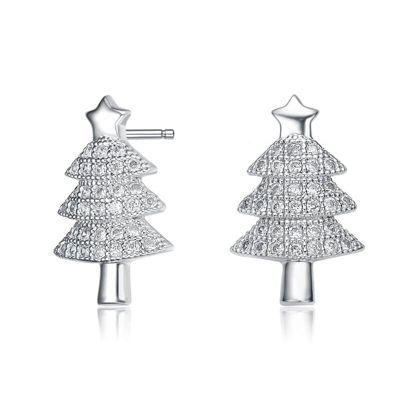 Rozzato Lab Created Sterling Silver White Gold Plated with Clear Round Cubic Zirconia Pave Christmas Tree Earrings