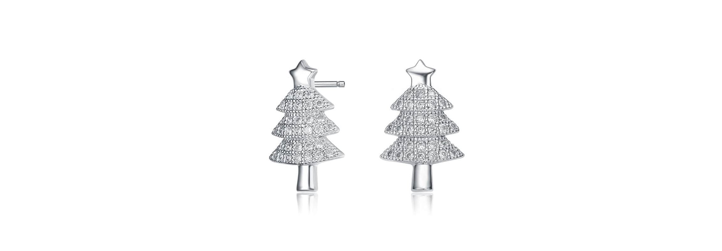 Lab Created Sterling Silver White Gold Plated with Clear Round Cubic Zirconia Pave Christmas Tree Earrings