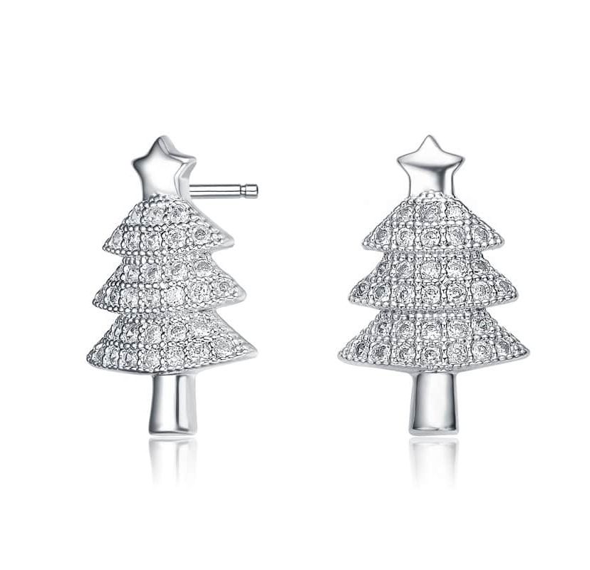 Lab Created Sterling Silver White Gold Plated with Clear Round Cubic Zirconia Pave Christmas Tree Earrings