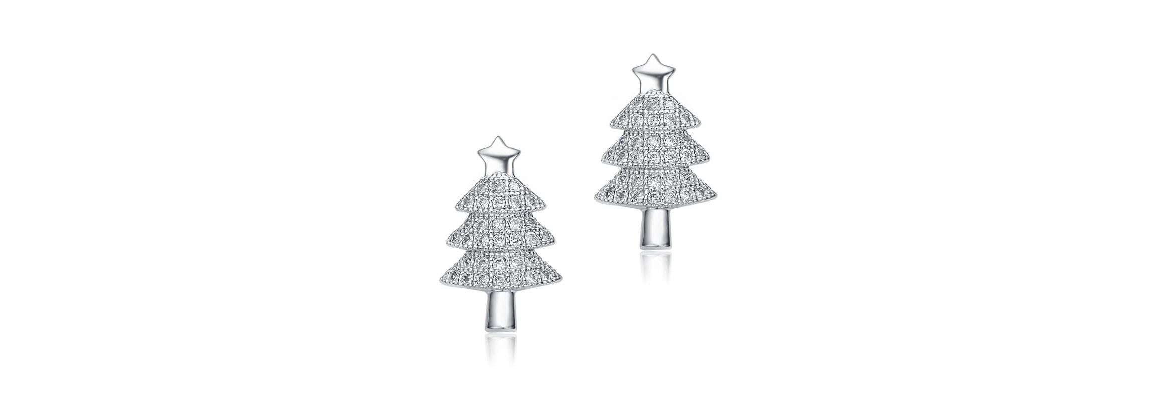Lab Created Sterling Silver White Gold Plated with Clear Round Cubic Zirconia Pave Christmas Tree Earrings