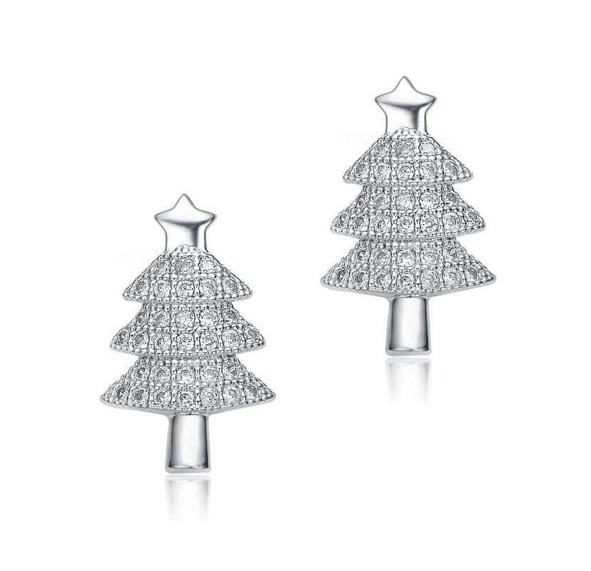 Lab Created Sterling Silver White Gold Plated with Clear Round Cubic Zirconia Pave Christmas Tree Earrings