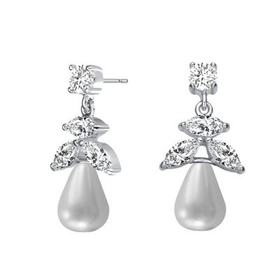 Rozzato Lab Created Sterling Silver White Gold Plated with White Round Freshwater Pearl & Clear Cubic Zirconia Earrings