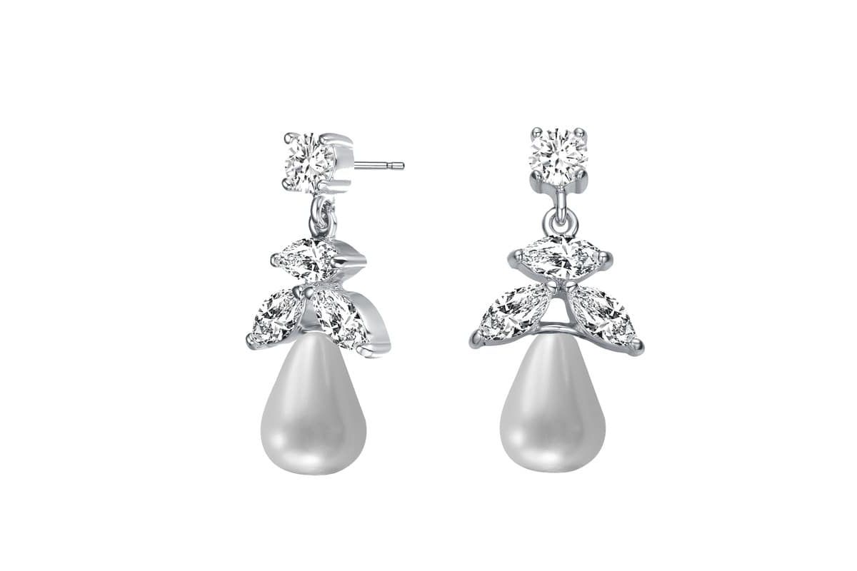 Lab Created Sterling Silver White Gold Plated with White Round Freshwater Pearl & Clear Cubic Zirconia Earrings