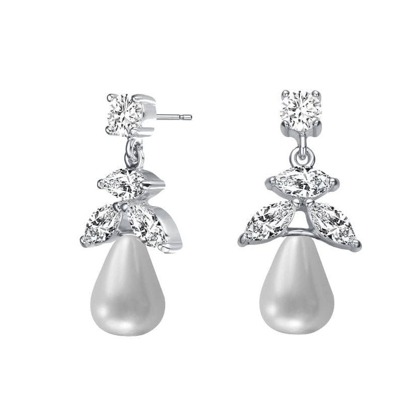 Lab Created Sterling Silver White Gold Plated with White Round Freshwater Pearl & Clear Cubic Zirconia Earrings