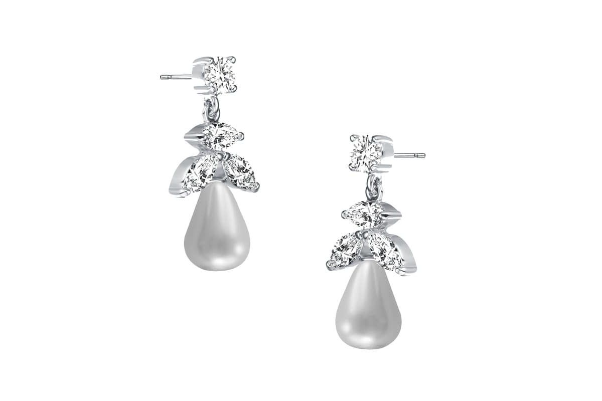 Lab Created Sterling Silver White Gold Plated with White Round Freshwater Pearl & Clear Cubic Zirconia Earrings