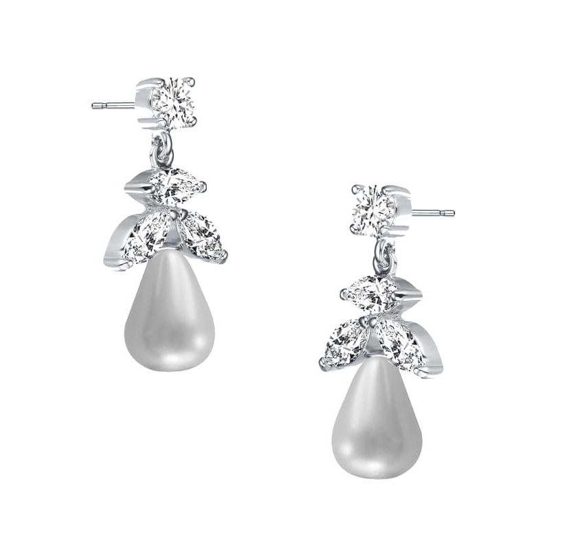 Lab Created Sterling Silver White Gold Plated with White Round Freshwater Pearl & Clear Cubic Zirconia Earrings