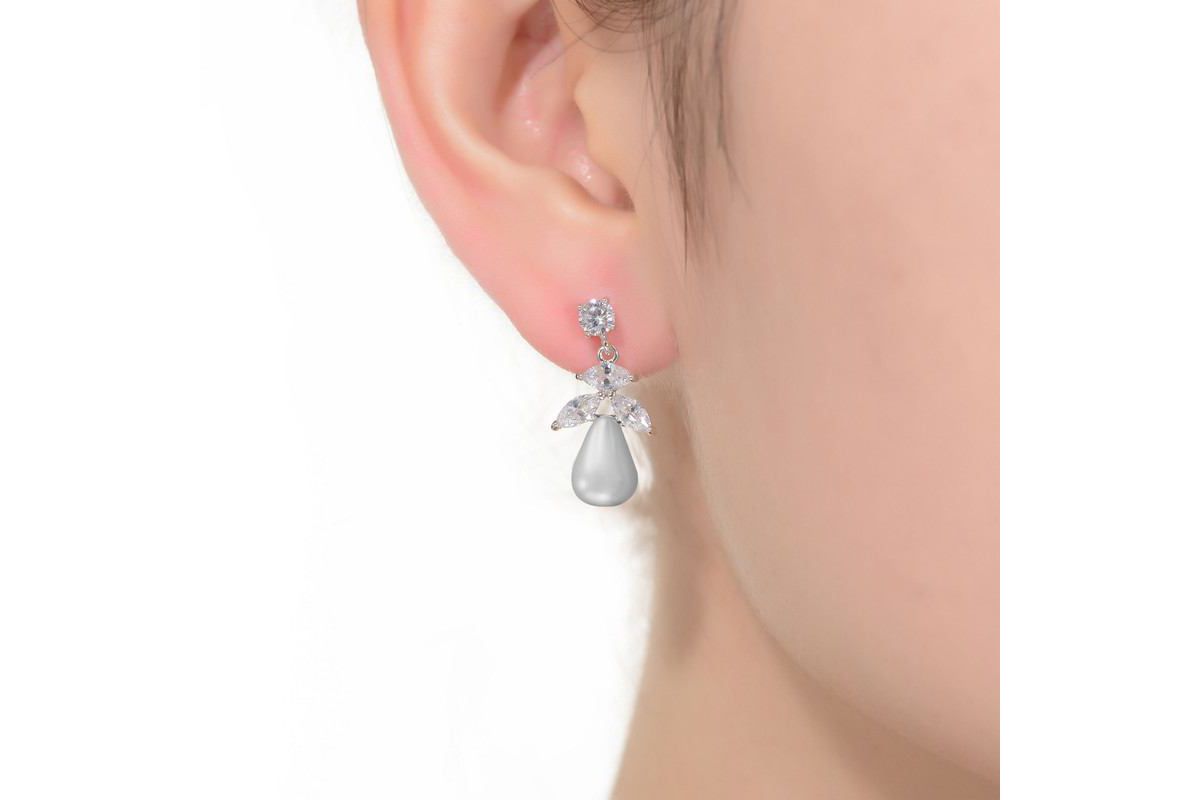 Lab Created Sterling Silver White Gold Plated with White Round Freshwater Pearl & Clear Cubic Zirconia Earrings
