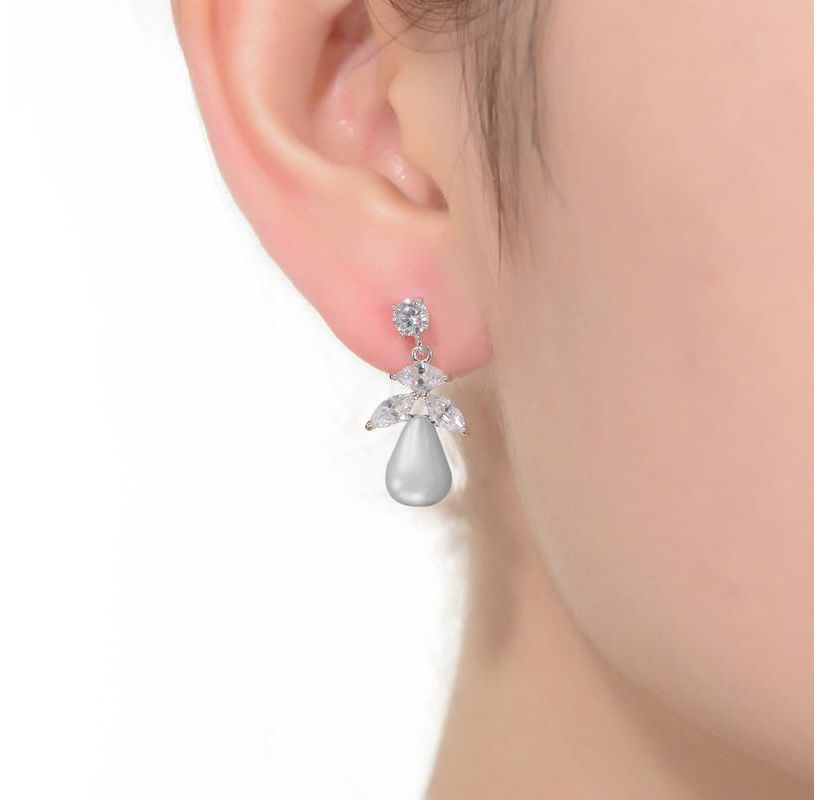 Lab Created Sterling Silver White Gold Plated with White Round Freshwater Pearl & Clear Cubic Zirconia Earrings